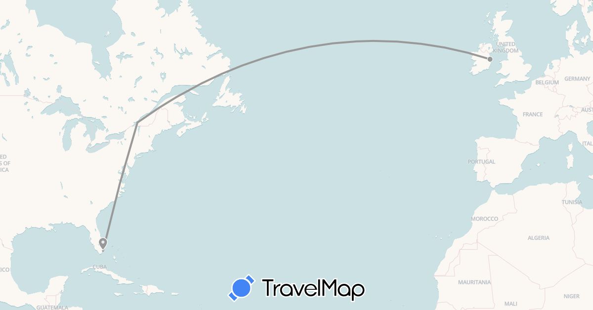 TravelMap itinerary: driving, plane in Canada, Ireland, United States (Europe, North America)